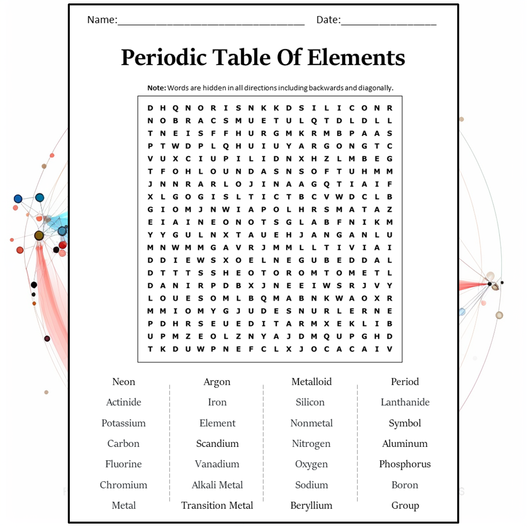 Periodic Table Of Elements Word Search Puzzle Worksheet Activity 