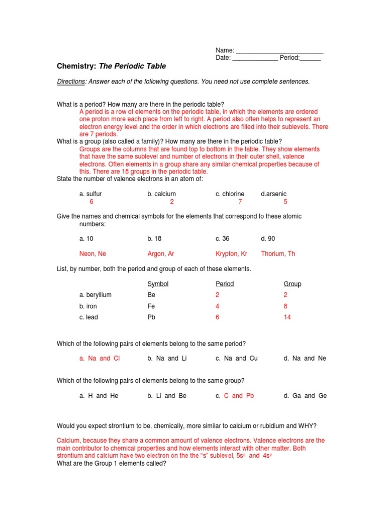 Periodic Table Worksheet Answers Key Exercises Chemistry Docsity 