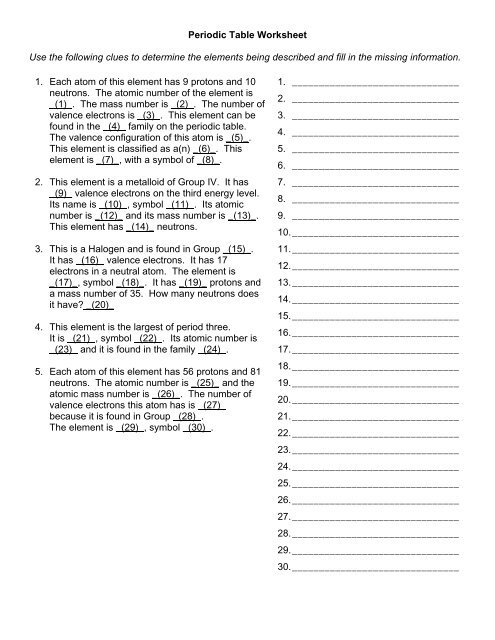 Periodic Table Worksheet Use The Following Clues To Staff