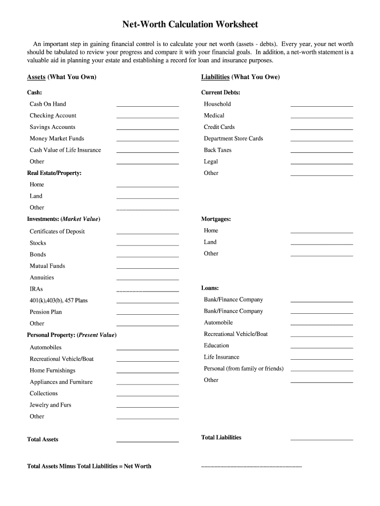 net worth worksheet