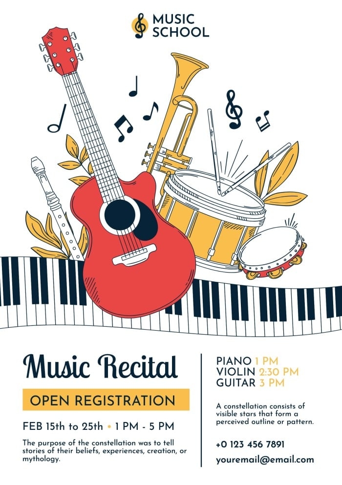 Personalize Online This Hand drawn Music Recital Open Registration 