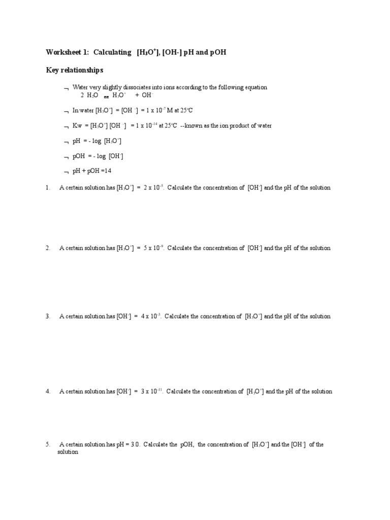 PH And POH Senior Chemistry Saints Worksheets Library