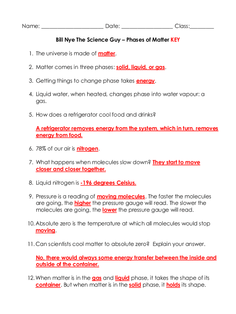Phases Of Matter Worksheet Answers Pdf Fill Online Printable 