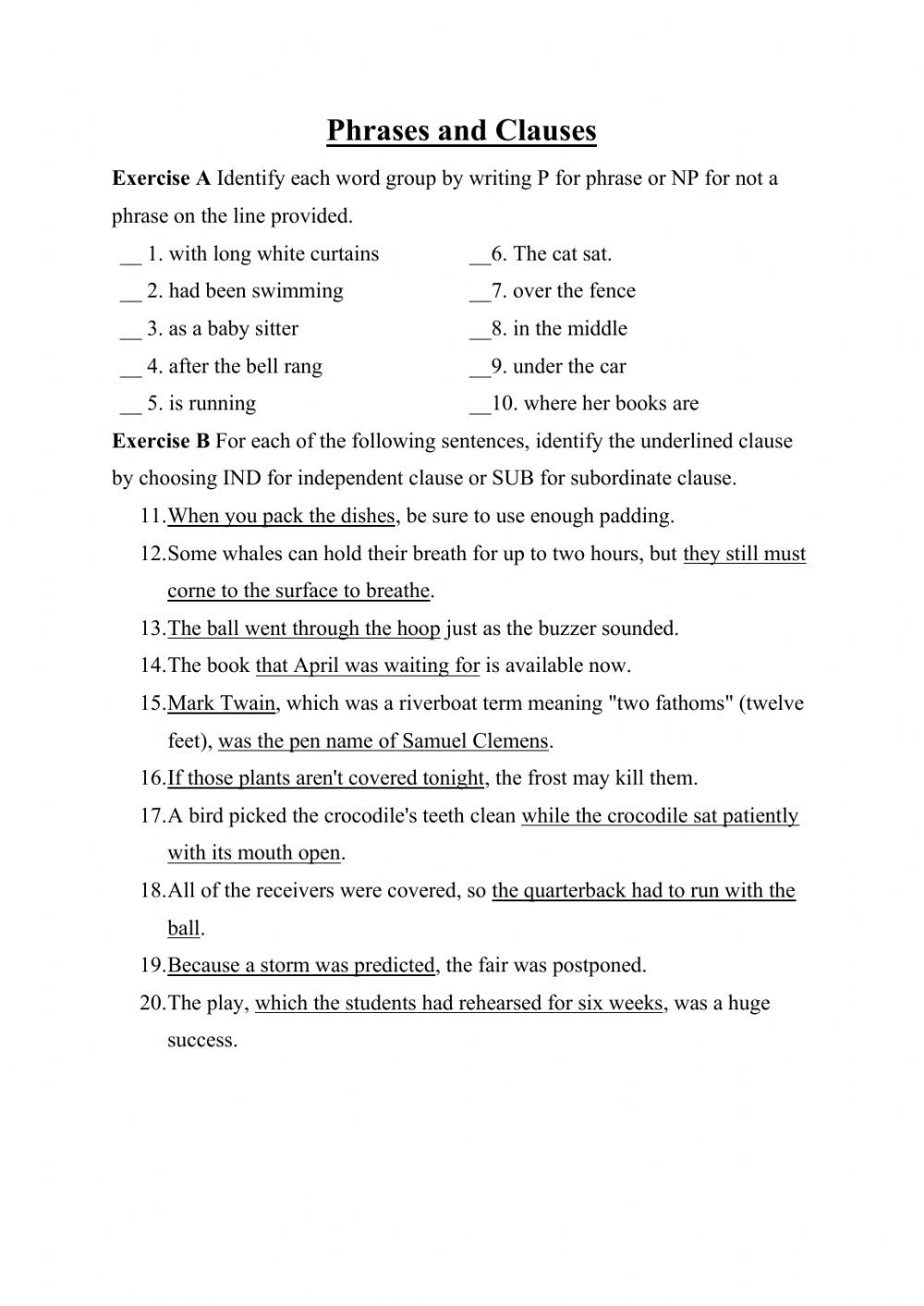 Phrase And Clause Worksheet Phrase Clause Worksheets