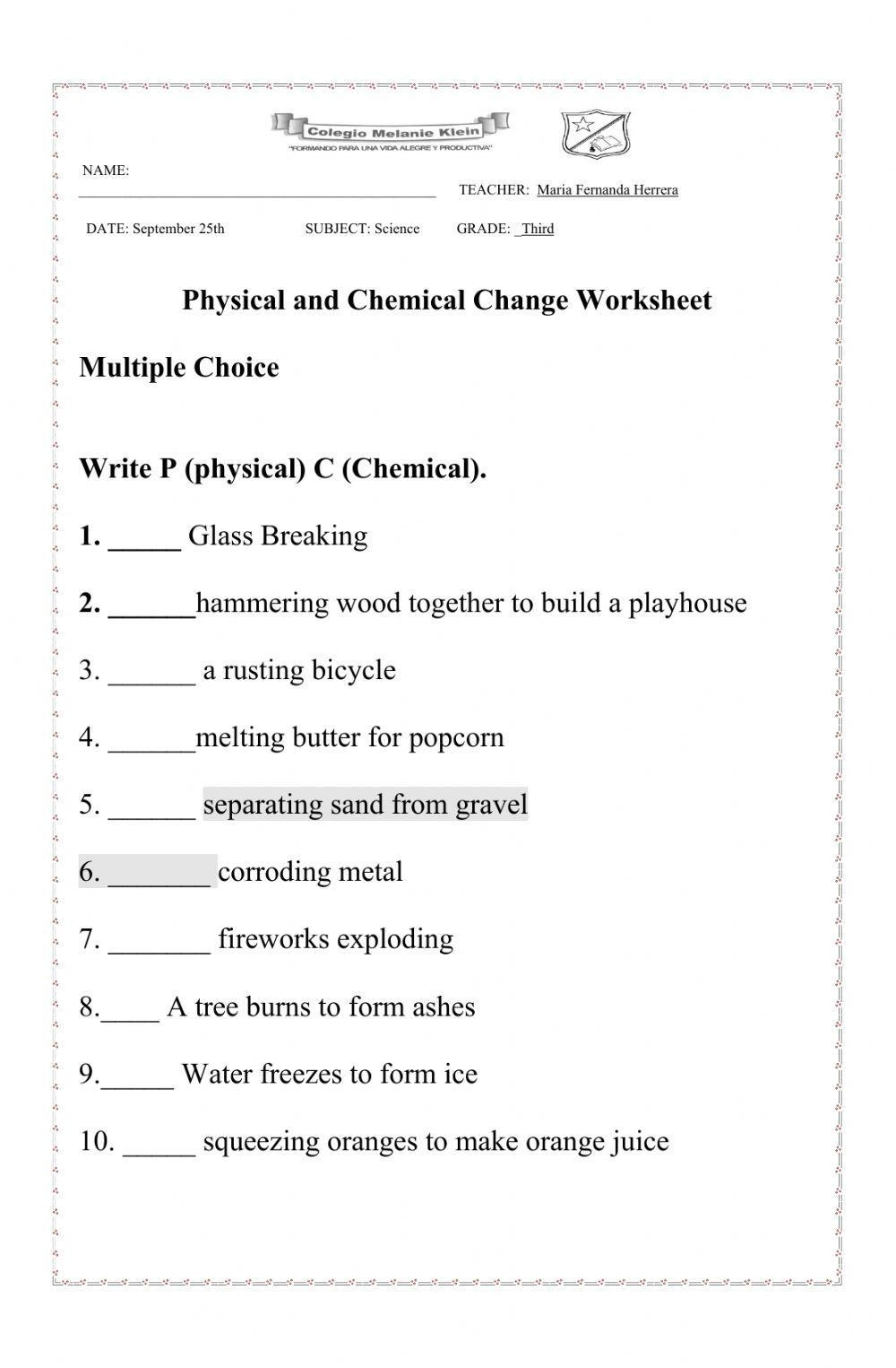 physical and chemical changes worksheet with answers