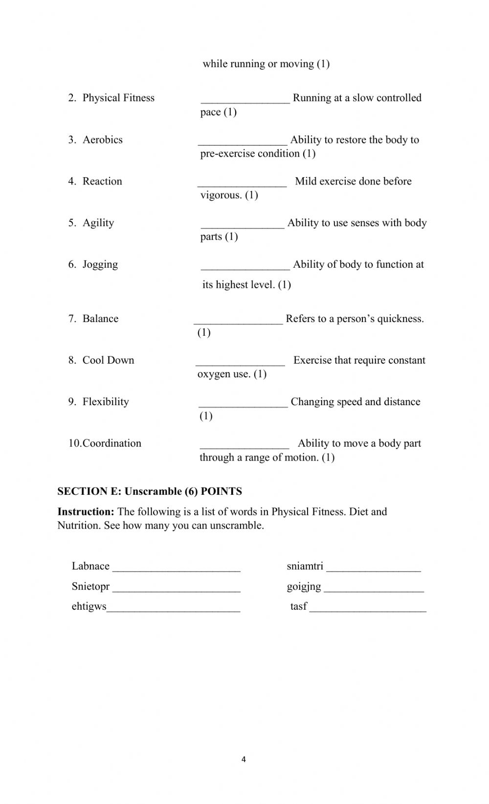 Physical Education Exam Grade 8 Worksheet Printable Worksheets