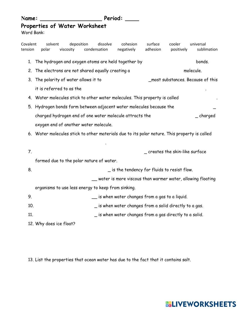 properties of water worksheet answers