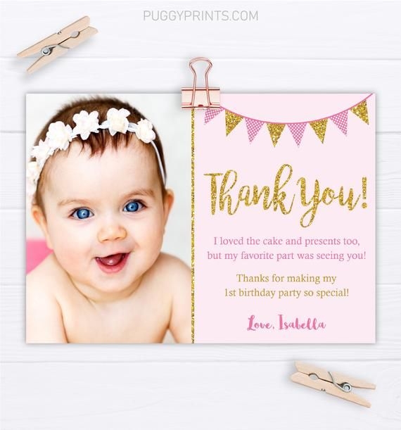 Pink And Gold Birthday Thank You Card With Photo Editable Template 