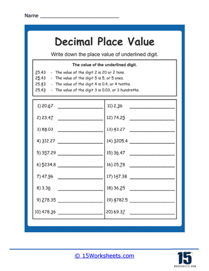 Place Value Of Decimals Worksheets 15 Worksheets