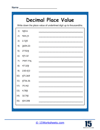 place value with decimals worksheets