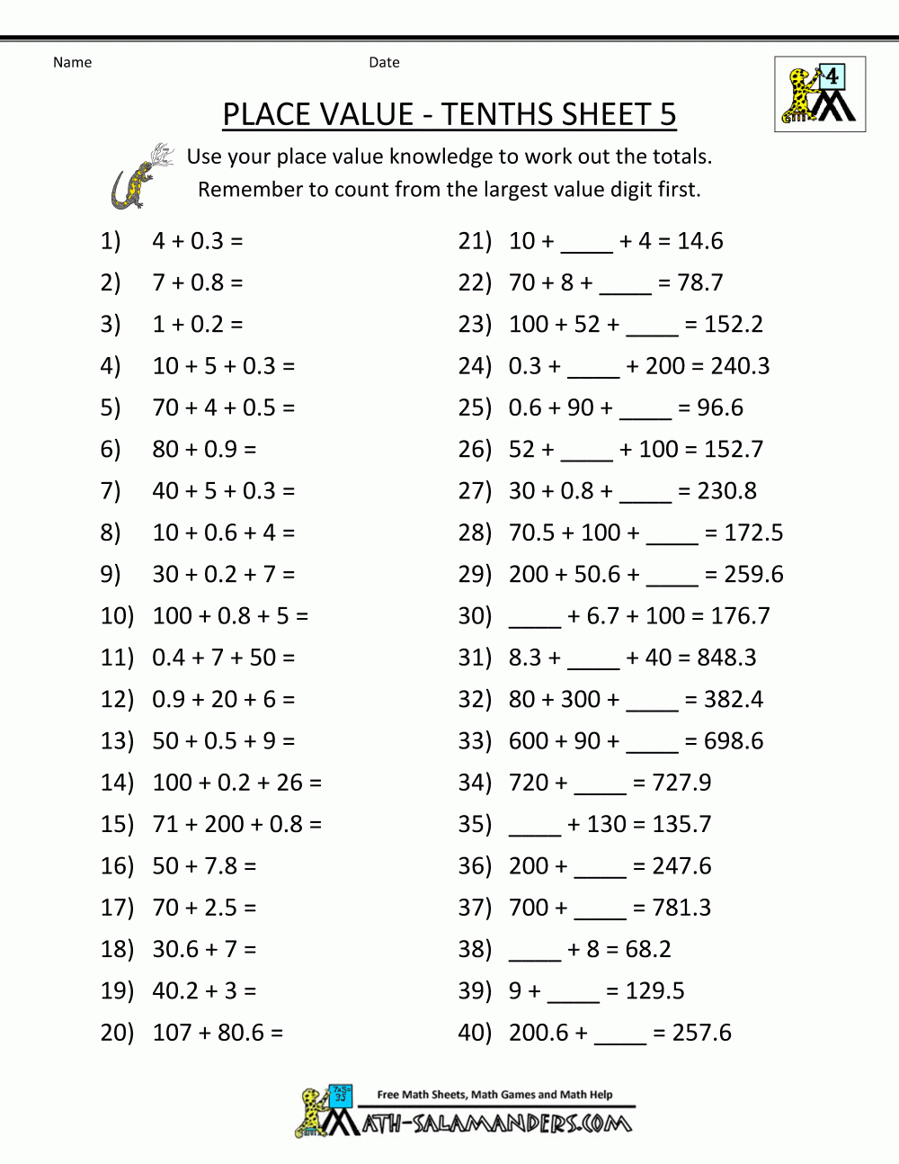 Place Value Worksheets Decimals
