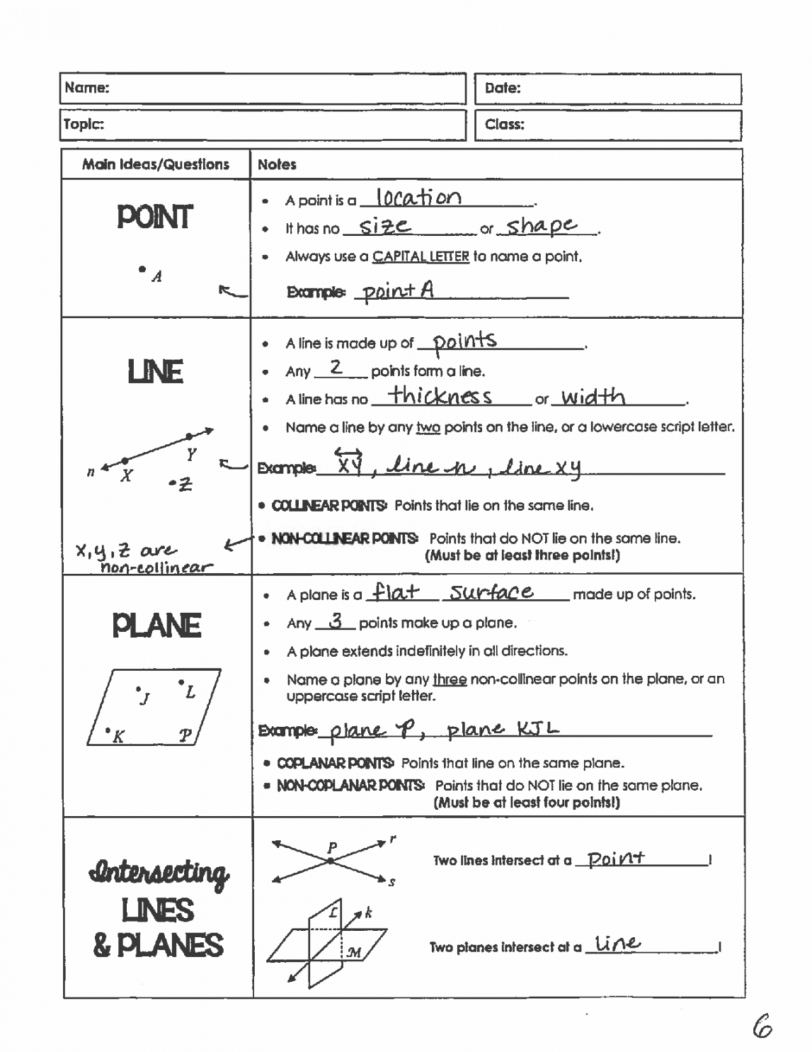Points Lines And Planes Worksheet Printable PDF Template