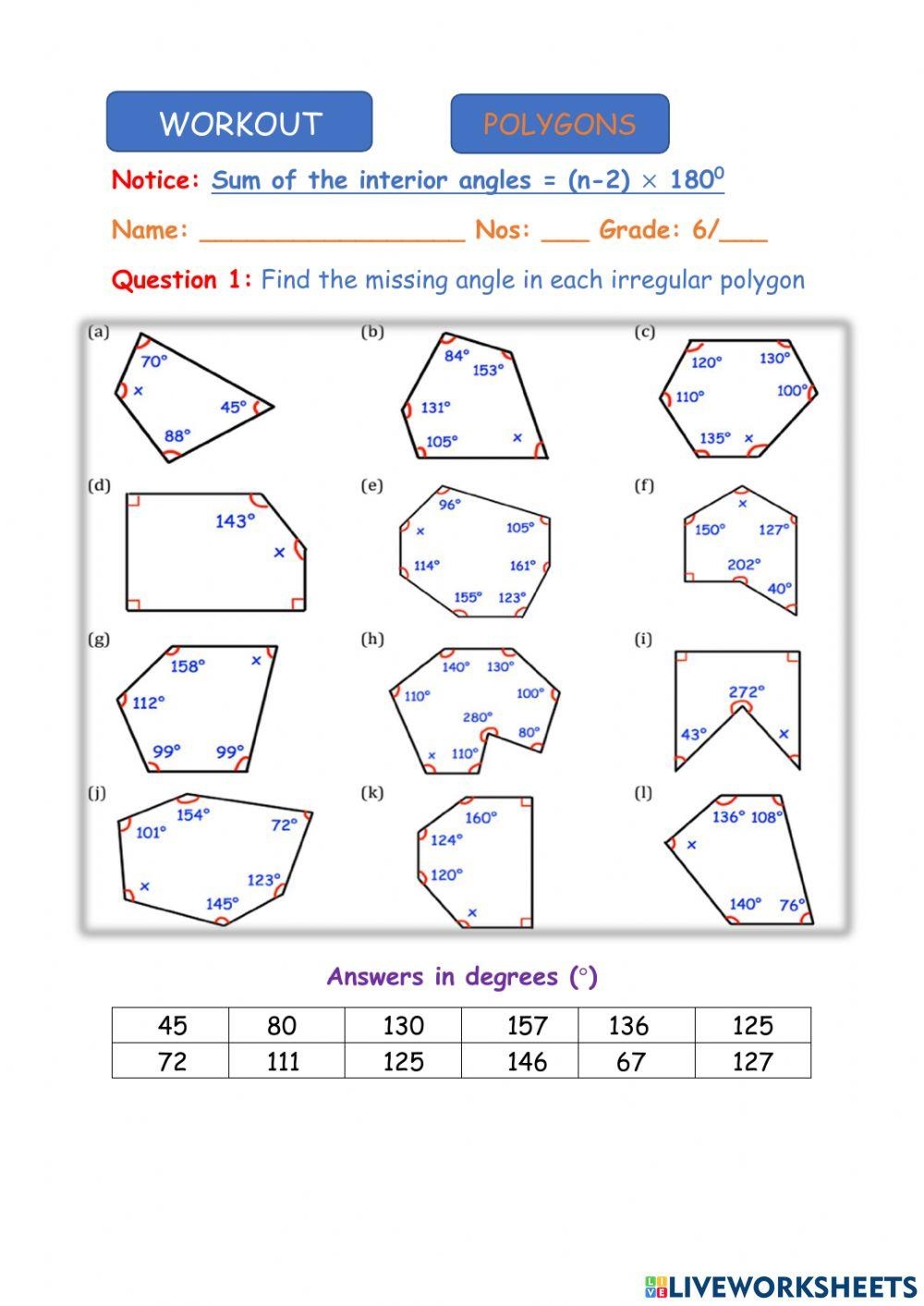 Polygons Finding The Missing Angles G6 Worksheet Live Worksheets 