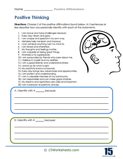 Positive Affirmations Worksheets 15 Worksheets