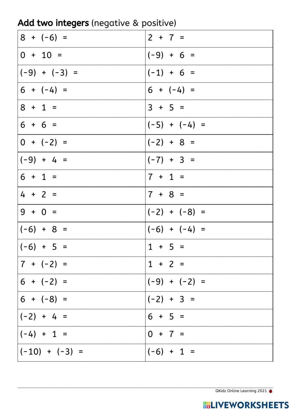 Positive And Negative Integers Division Integer Worksheets