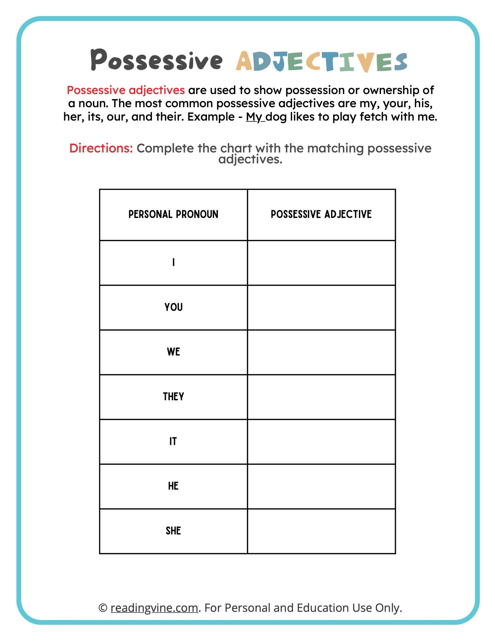 Possessive Adjectives Worksheets ReadingVine
