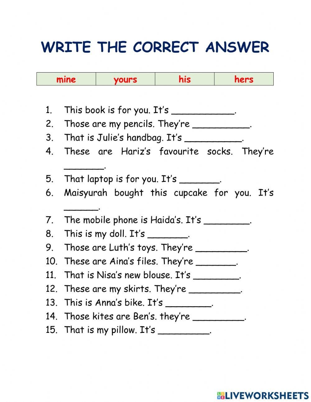 Possessive Pronouns Online Exercise For GRADE 3 Live Worksheets 