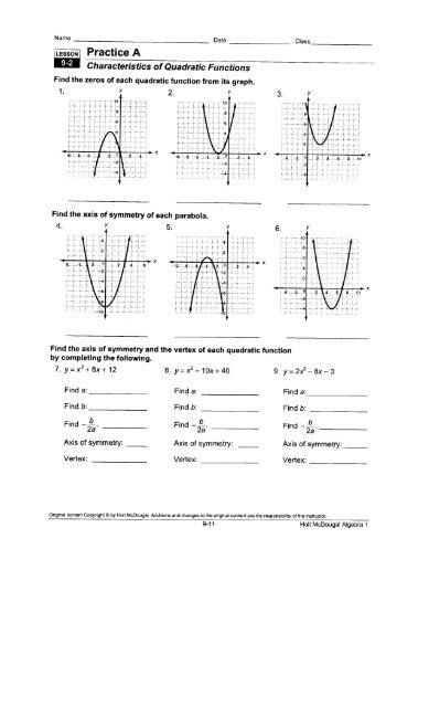quadratic functions worksheet with answers pdf