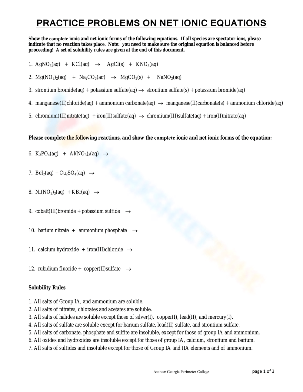 PRACTICE PROBLEMS ON NET IONIC EQUATIONS Worksheet Worksheets Library