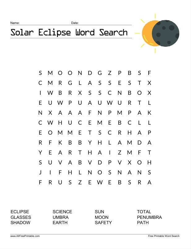 Print Solar Eclipse Word Search For Kids Free Printable