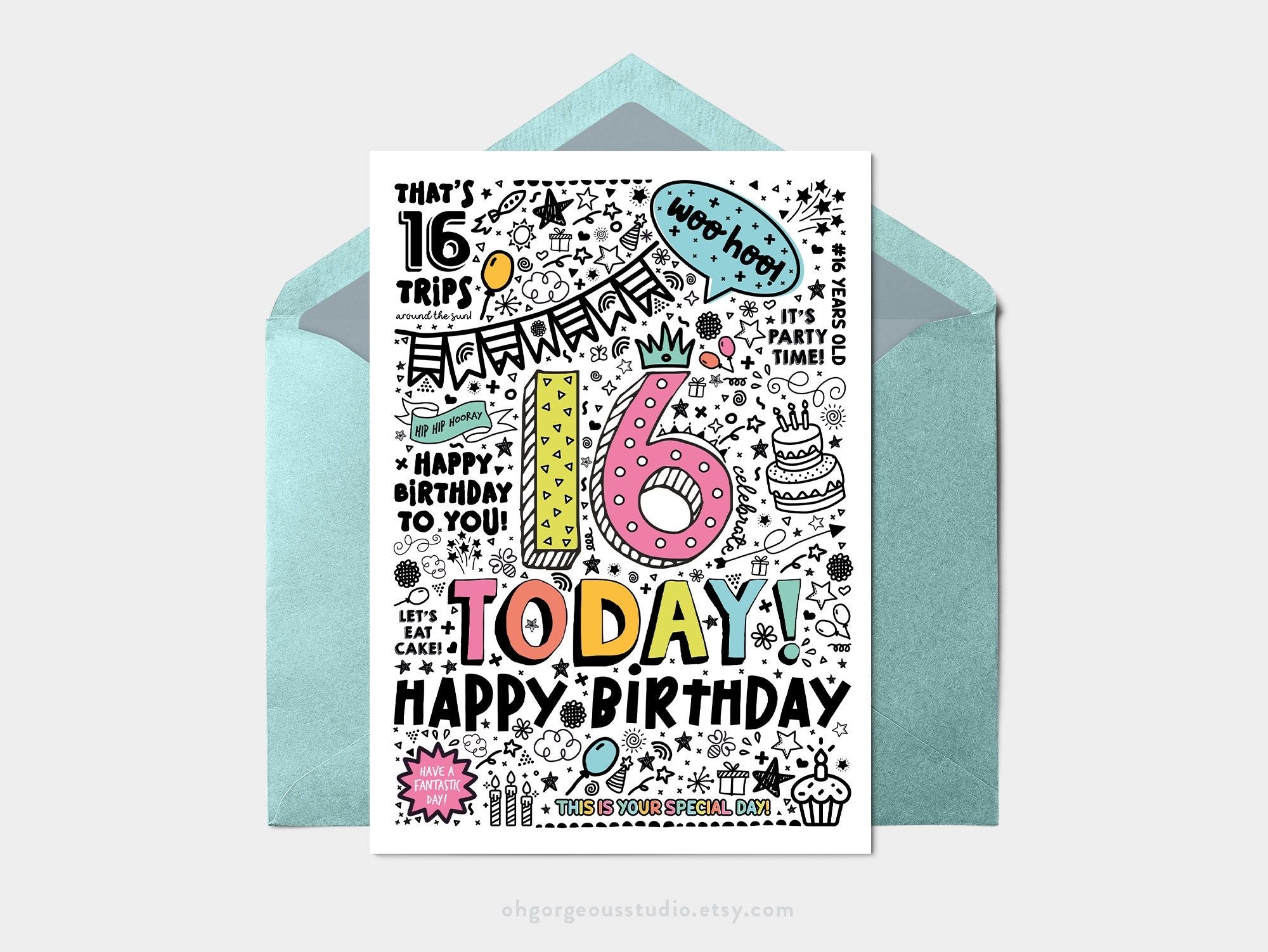 Printable 16th Birthday Card Instant Download Printable Card For 16th 