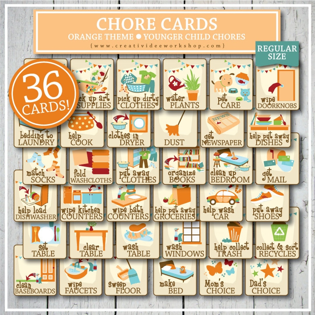 Printable Chore Cards For Younger Children Orange 36 Cards And Chart 