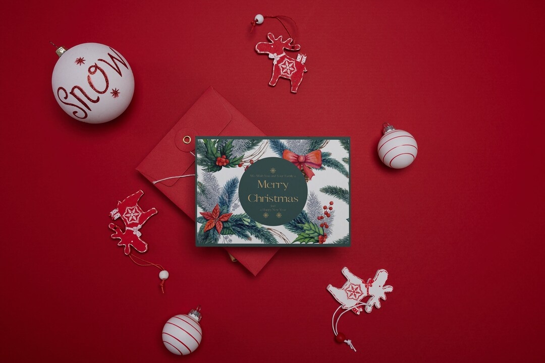 Printable Christmas Card Merry Christmas Card Bow Wreath Etsy