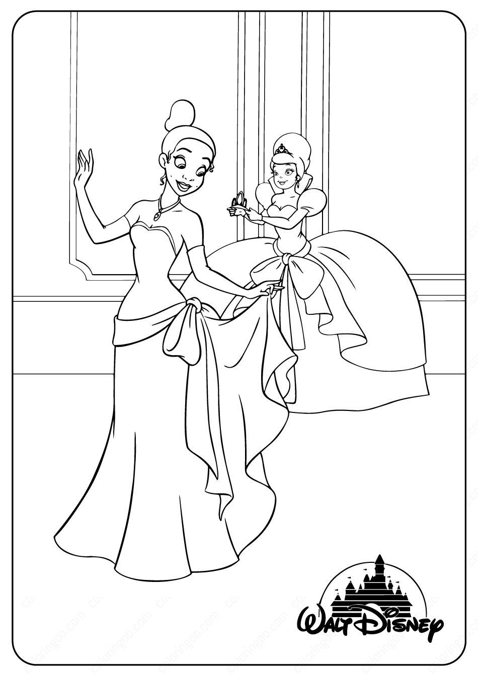 Printable Disney Tiana And Charlotte Coloring Pages