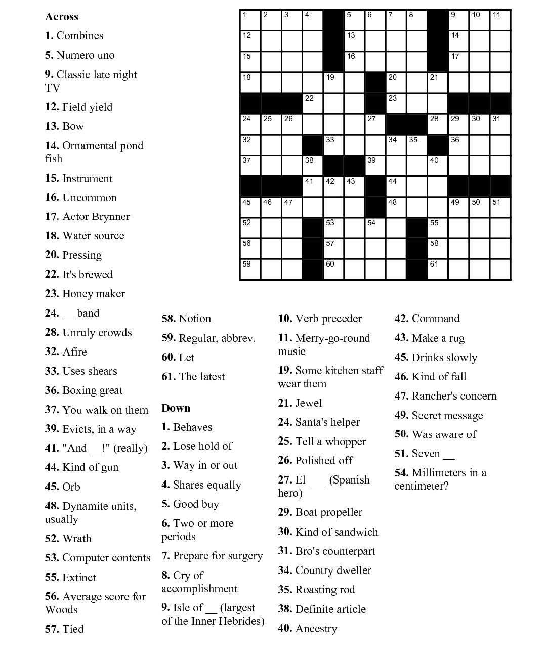 free printable crossword puzzles for adults