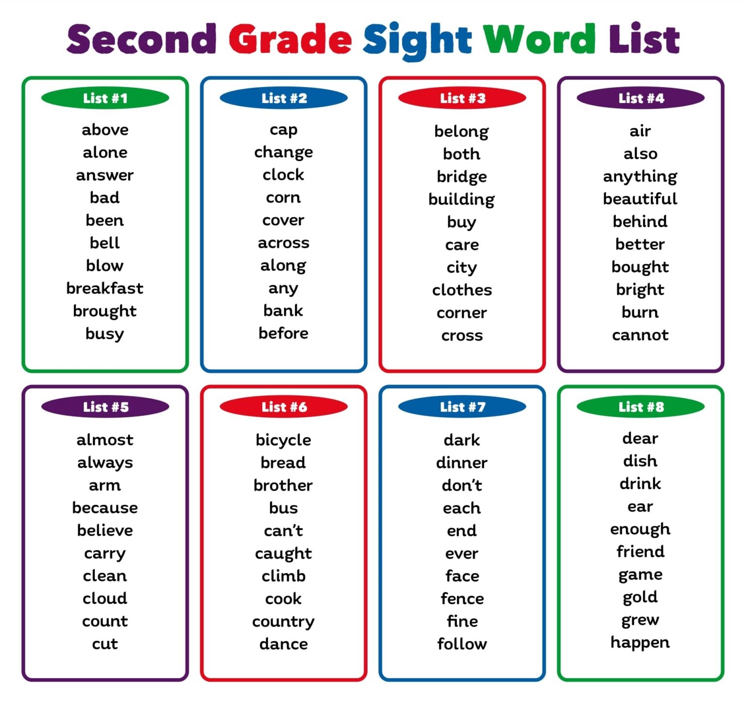 2nd grade printable sight words bingo cards