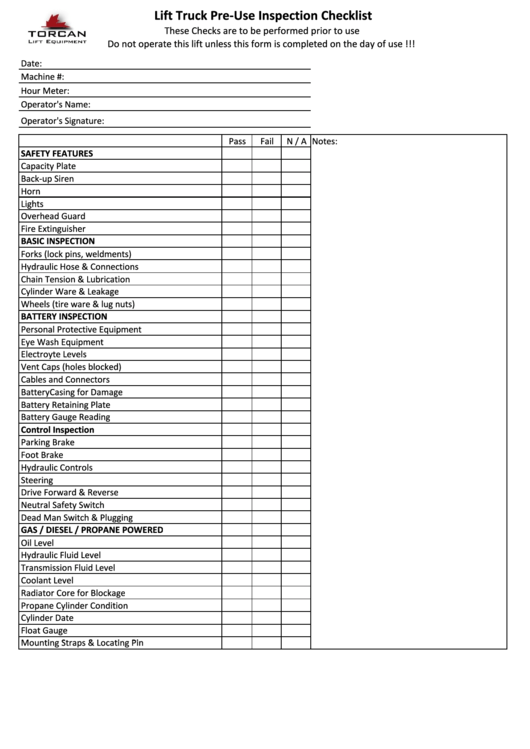 Printable Free Weekly Forklift Inspection Checklist Template Always 