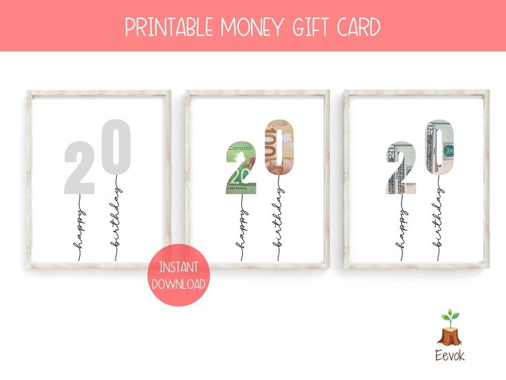 Printable Money Card Holder Custom Money Card 20th Birthday Card 