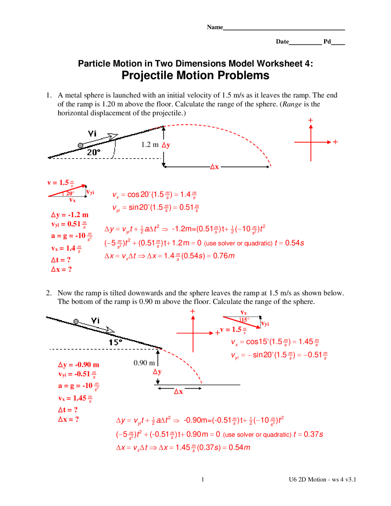 Projectile Motion Worksheet PDF Projectiles Force Worksheets 