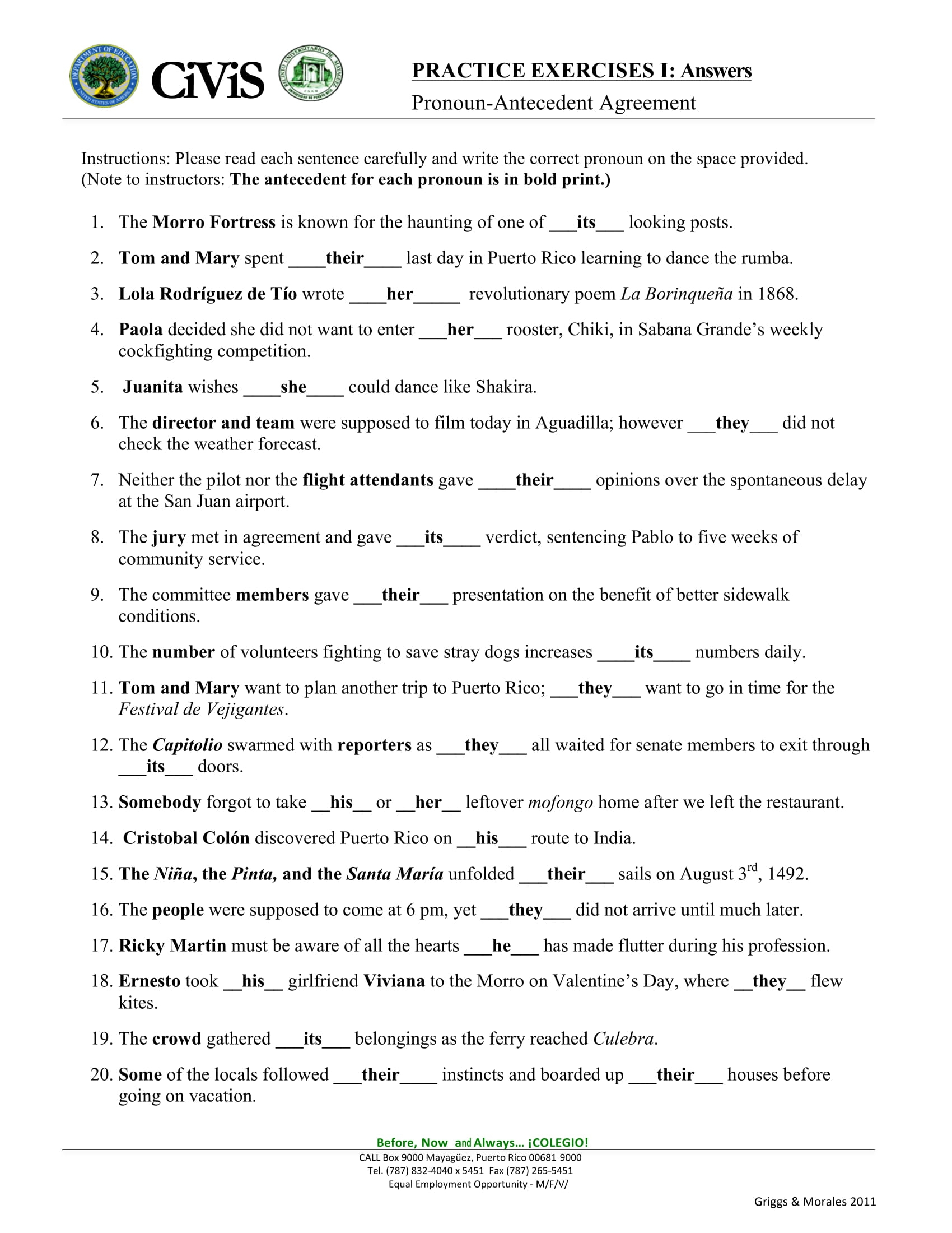 Pronoun Antecedent Agreement Worksheet 9 Pronoun Antecedent Examples 