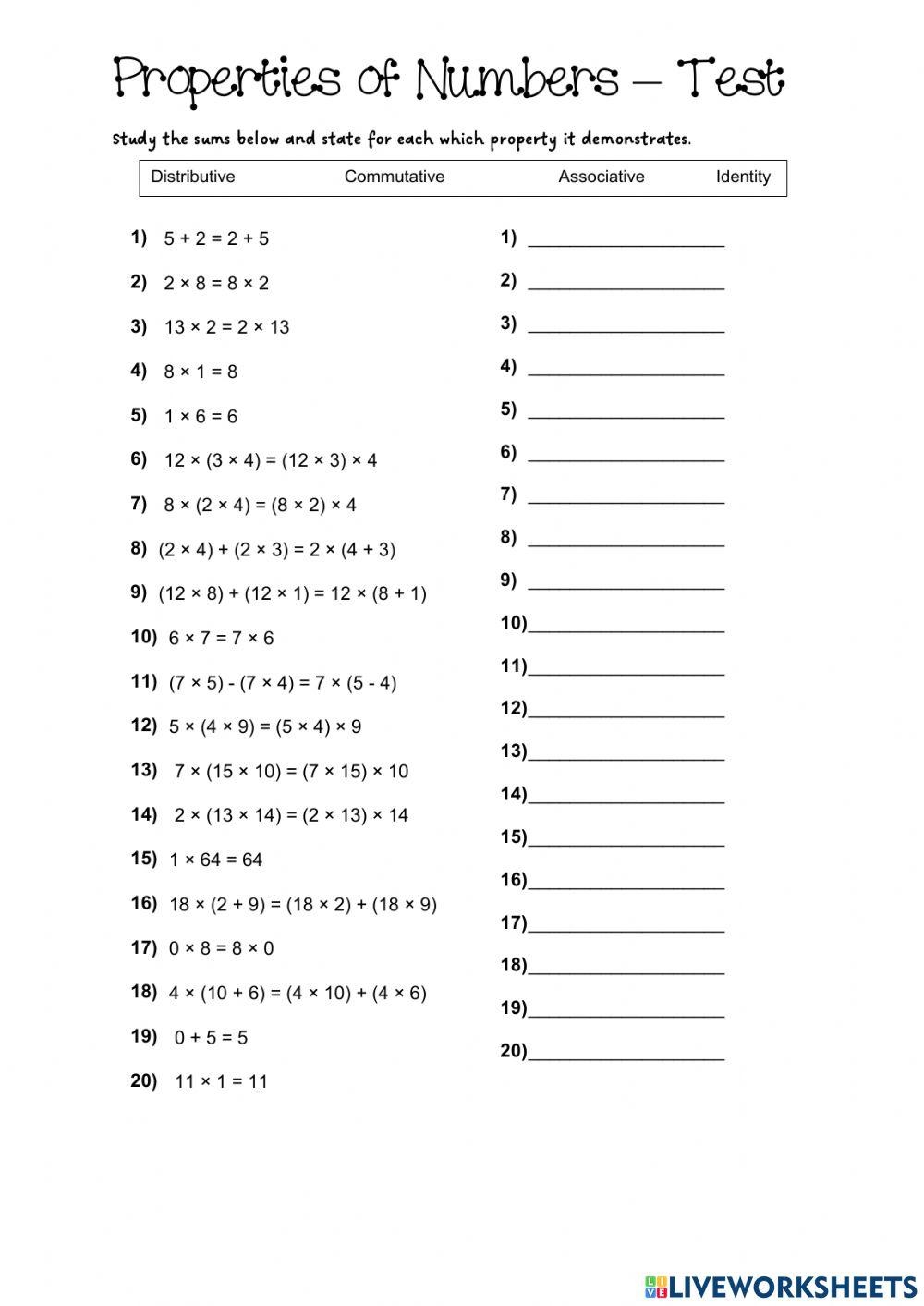 properties of real numbers worksheet