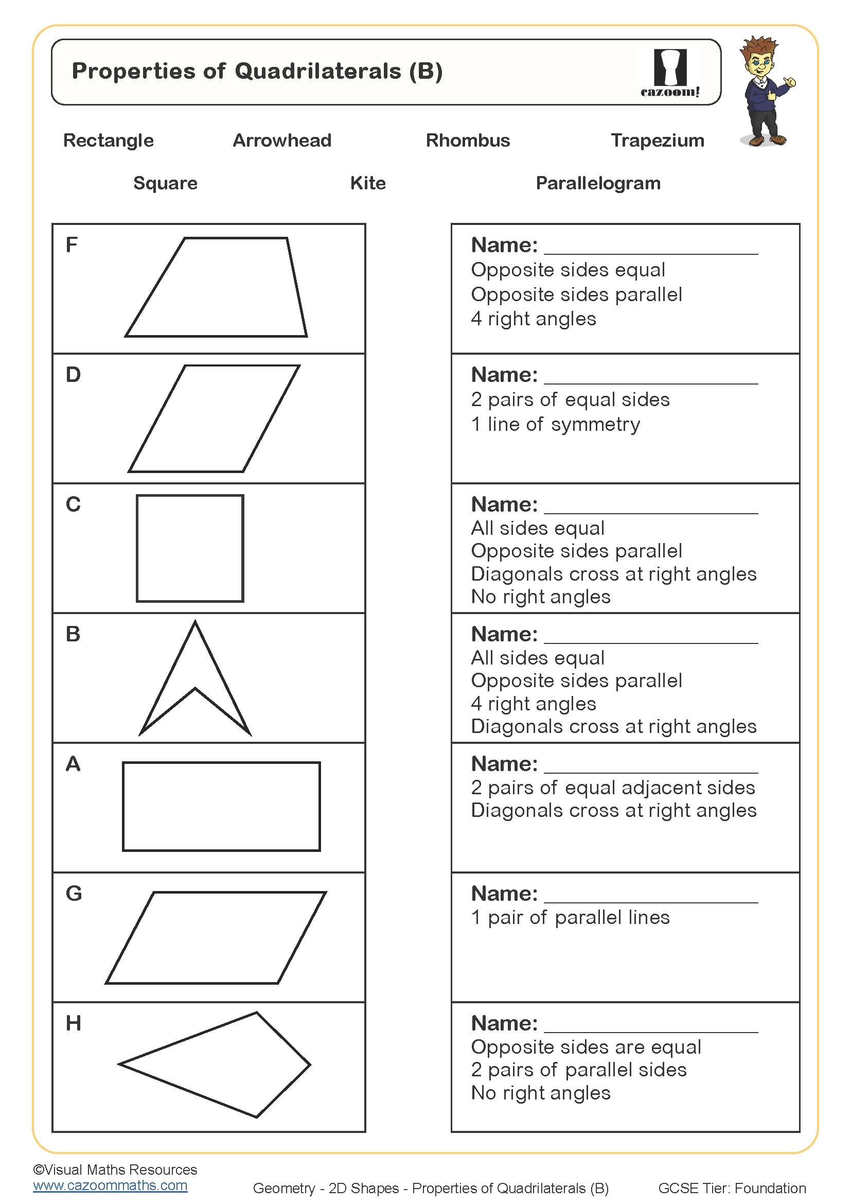 Properties Of Quadrilaterals B Worksheet Printable Maths 