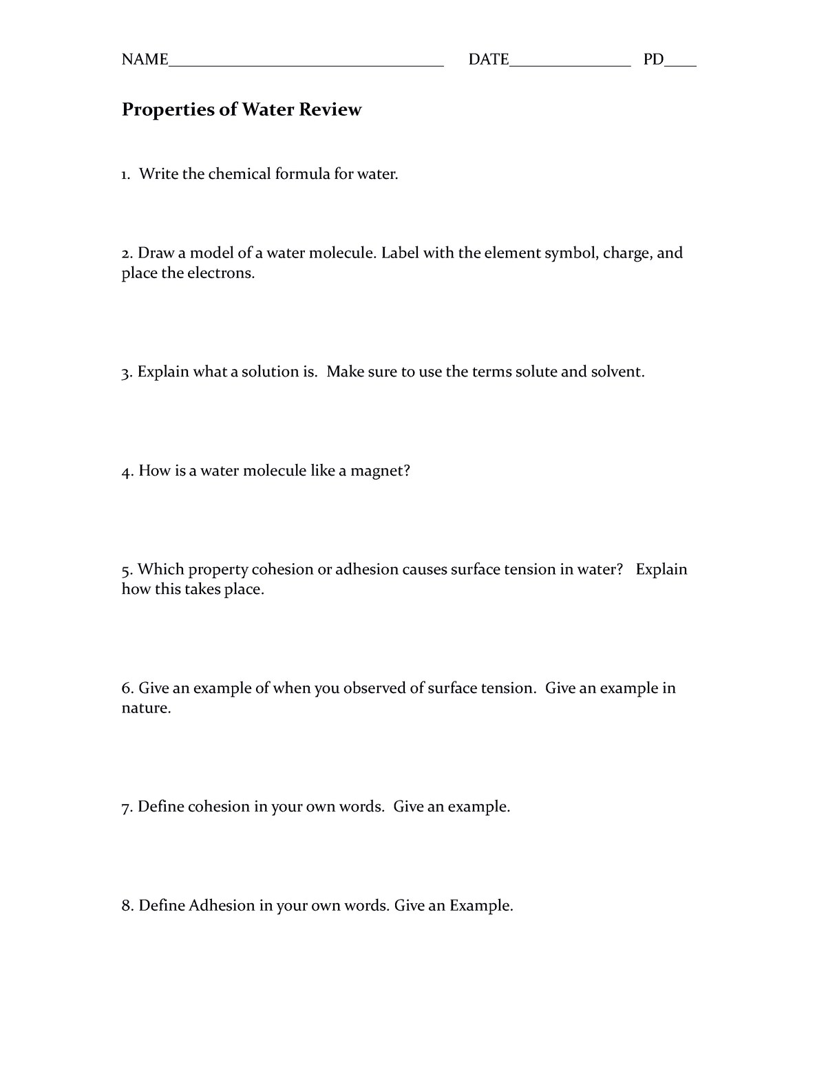 Properties Of Water Worksheet B Worksheets Library