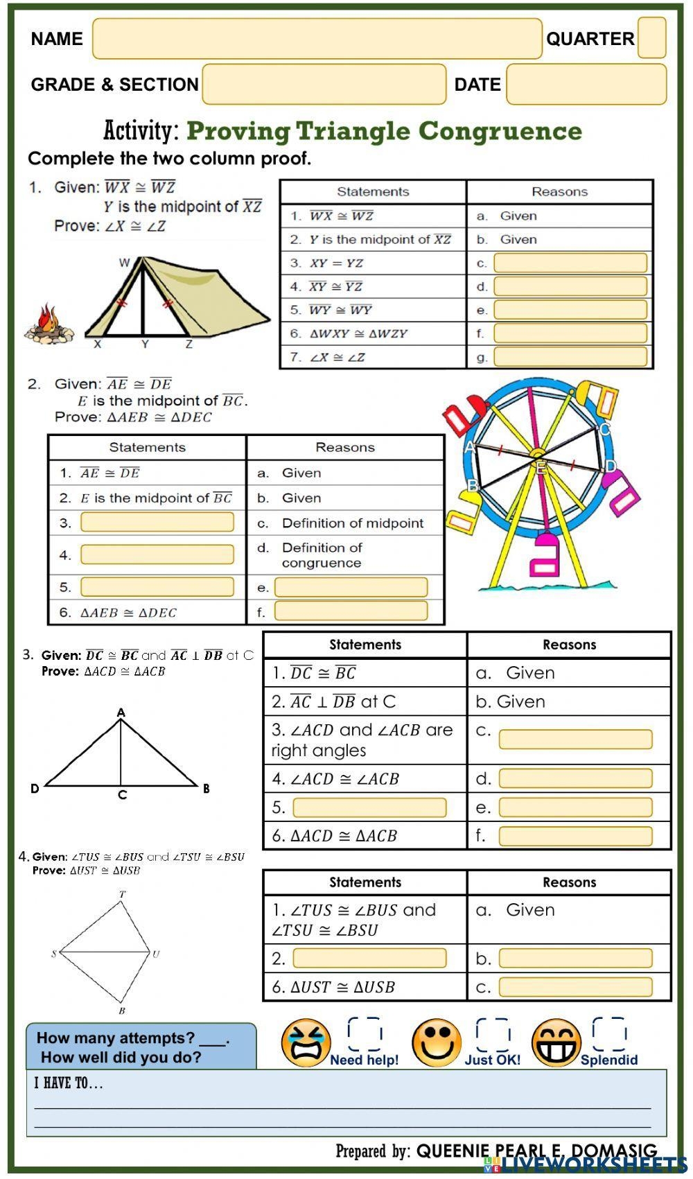 Proving Triangle Congruence Interactive Worksheet Live Worksheets 