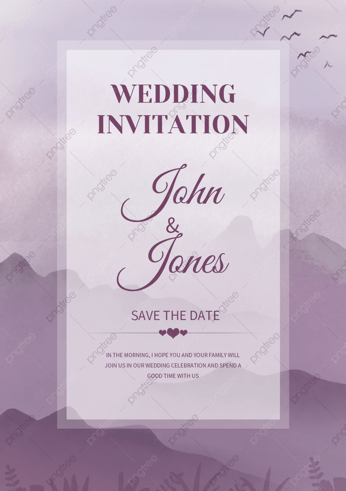Purple Watercolor Landscape Background Template Wedding Invitation 