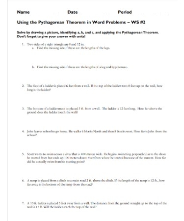 Pythagorean Theorem Word Problems Worksheet PDF PRINTABLE 