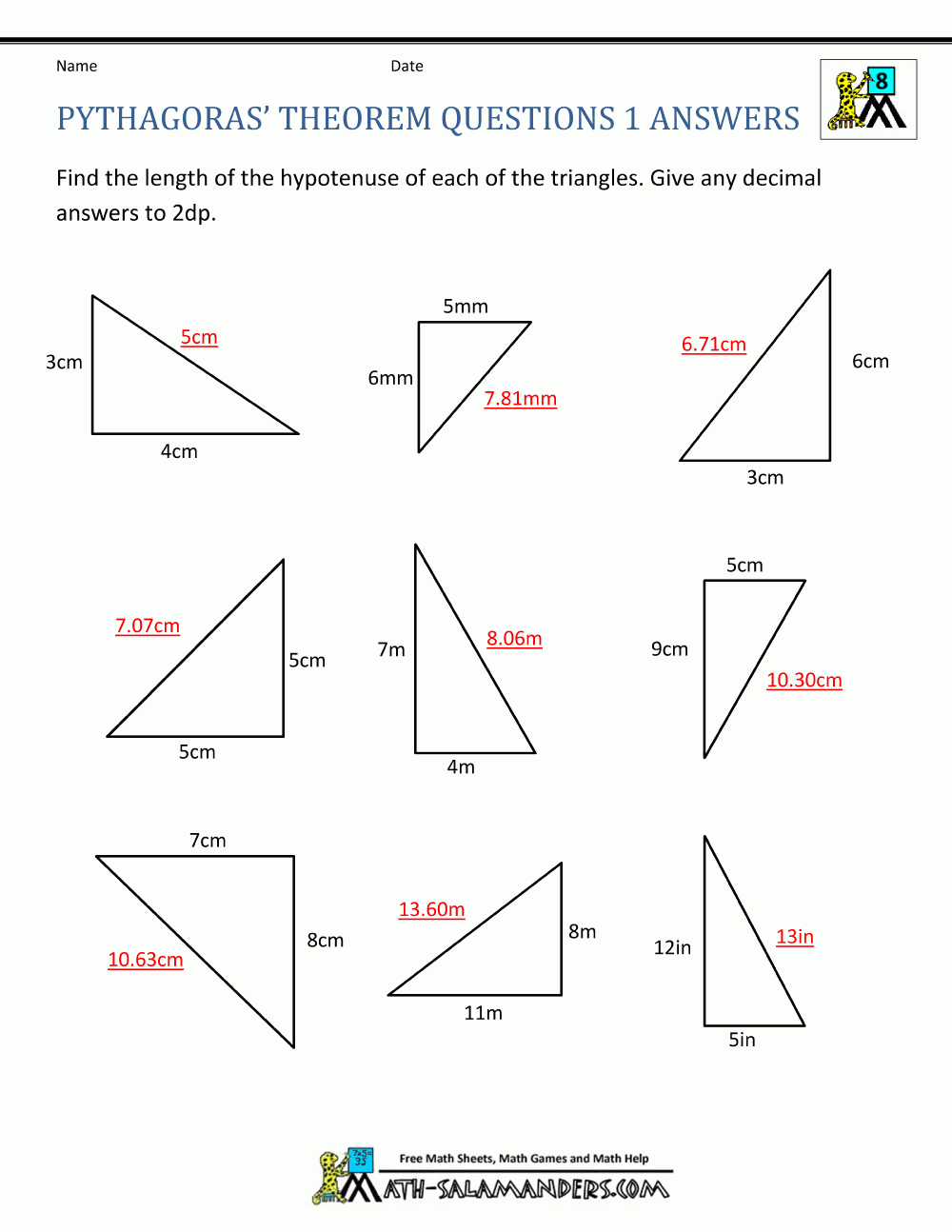Pythagorean Theorem Worksheet Answer Key E streetlight