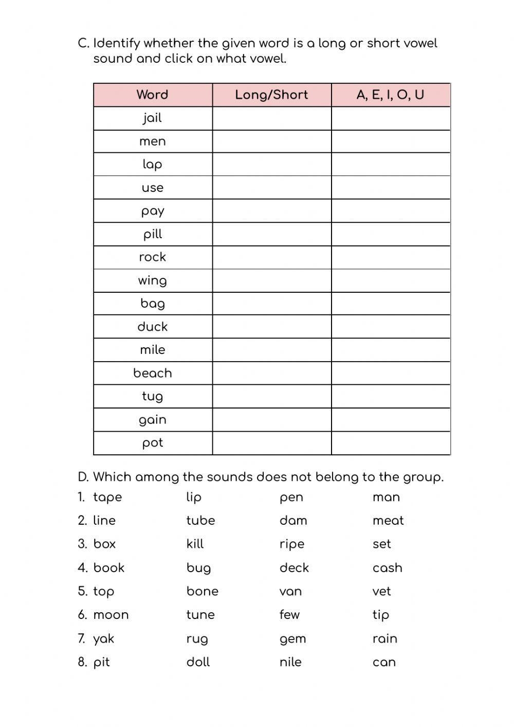 Quiz In Long And Short Vowel Sounds Worksheet Live Worksheets 
