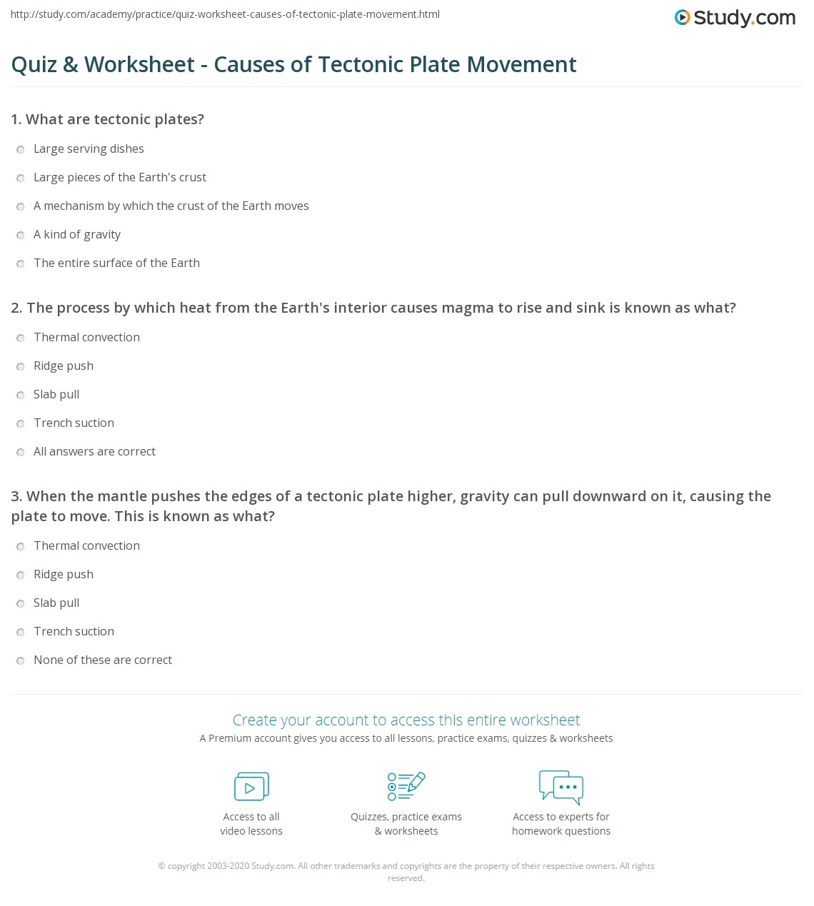 Quiz Worksheet Causes Of Tectonic Plate Movement Study