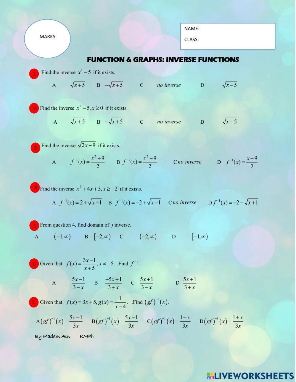 Quiz Worksheet Inverse Functions Study Worksheets Library