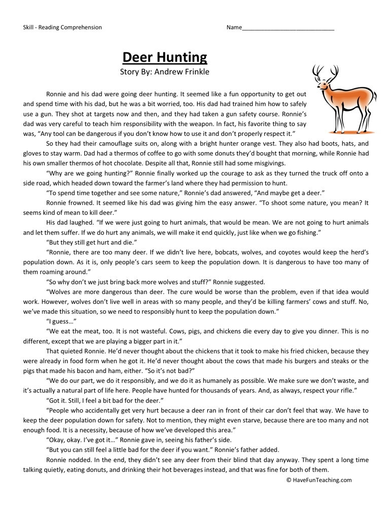 Reading Comprehension Worksheet Deer Hunting