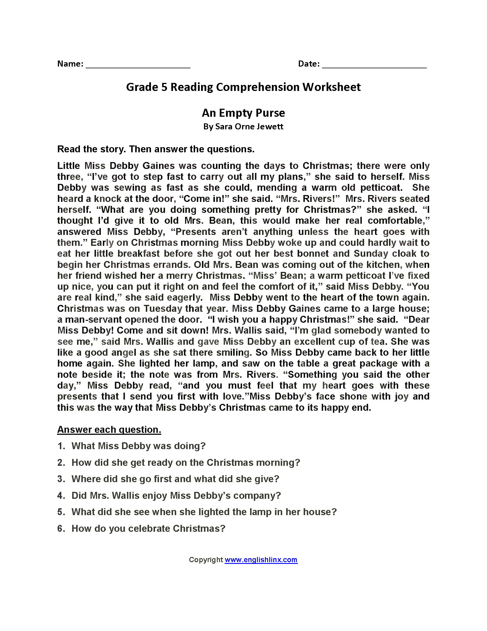reading worksheets for 5th grade