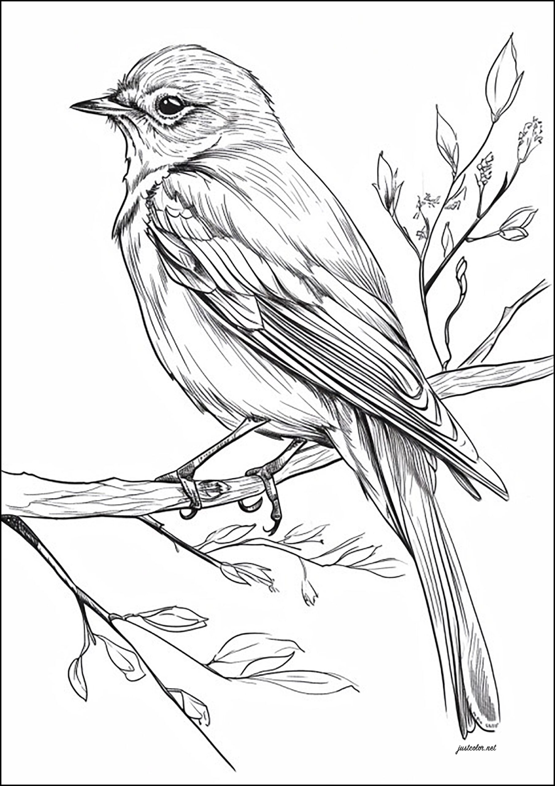 Realistic Drawing Of A Bird On A Branch Bird Coloring Pages For Adults