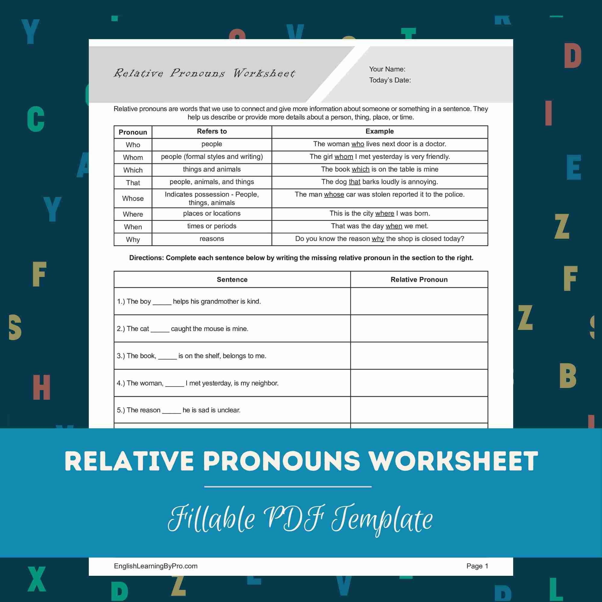Relative Pronouns Worksheet Editable Fillable Printable PDF 