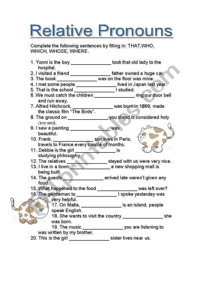 Relative Pronouns Worksheet Printable