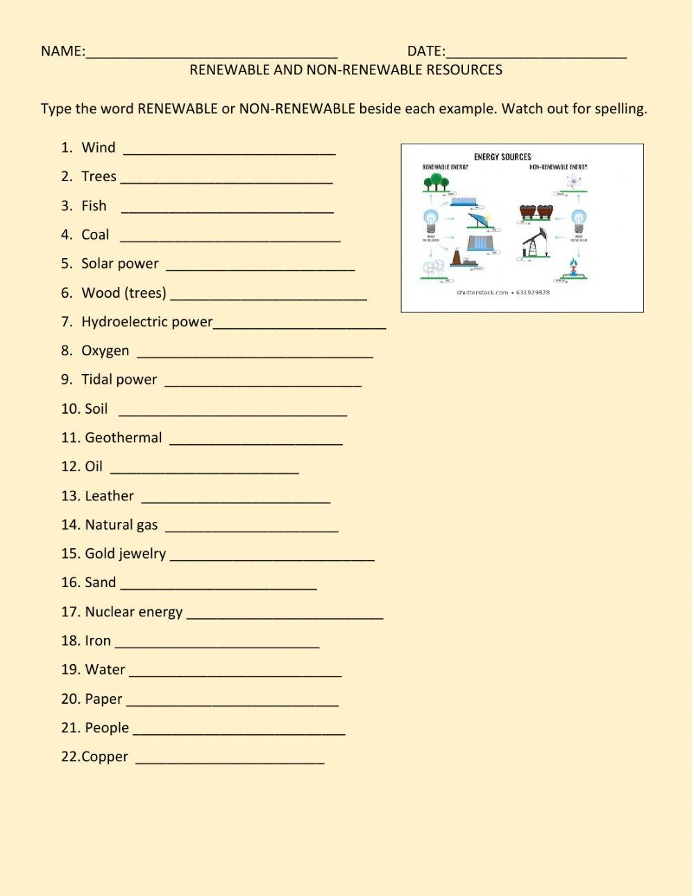 Renewable And Non Renewable Resources Sorting Worksheet Worksheet 